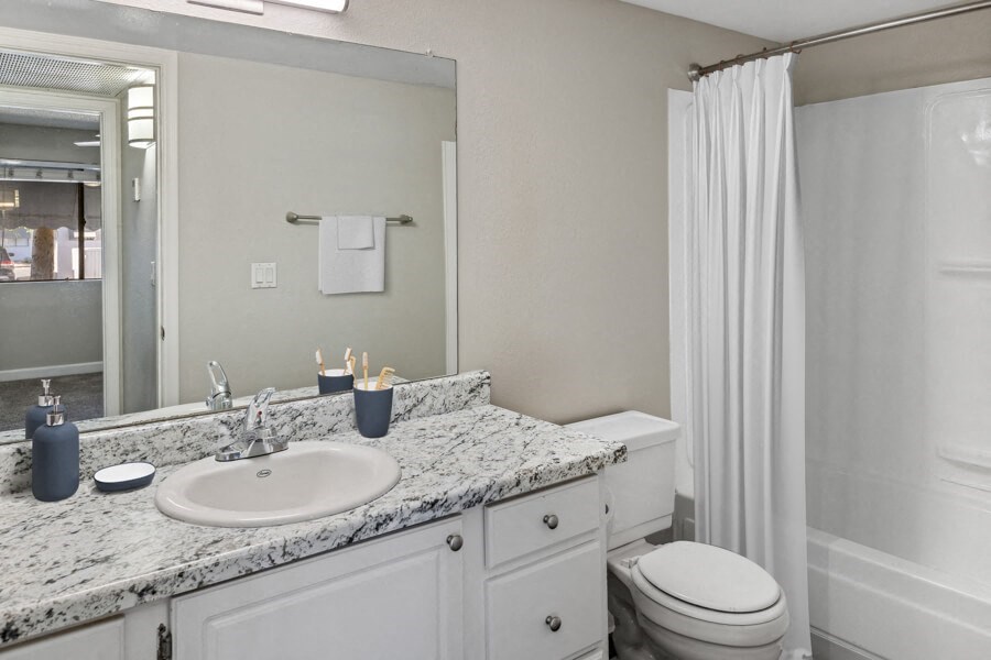 a bathroom with a sink toilet and shower